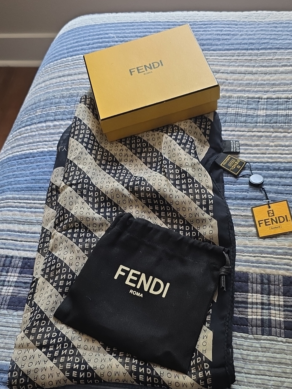 NWT Fendi Black & Beige Logo Silk Scarf Dust Bag, Gift Box, Tags